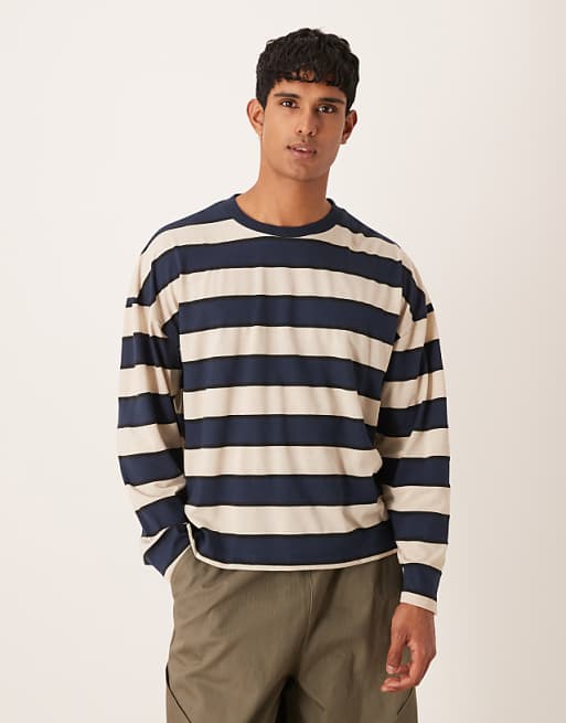 DESIGN boxy oversized long sleeve t-shirt with dropped shoulder in blue and brown stripe