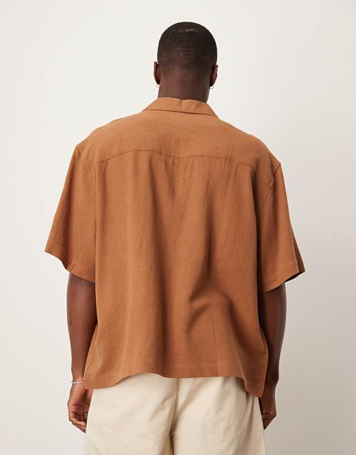DESIGN Boxy Oversized Overhead Linen Blend Shirt In Brown