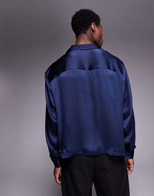 DESIGN Boxy Oversized Overhead Satin Shirt In Navy