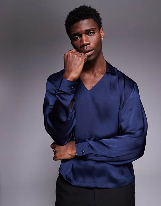 DESIGN Boxy Oversized Overhead Satin Shirt In Navy