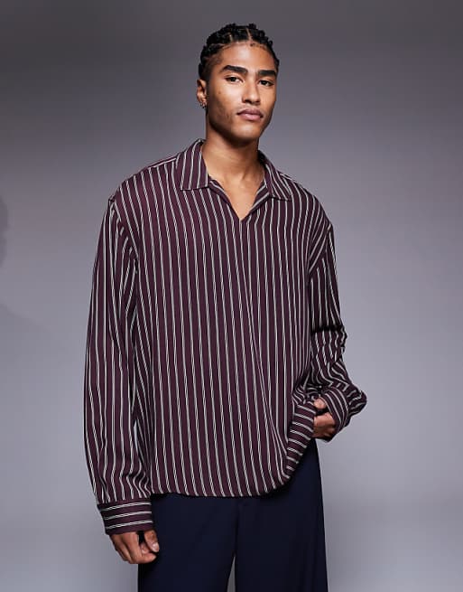 DESIGN Boxy Oversized Overhead Shirt In Burgundy Stripe