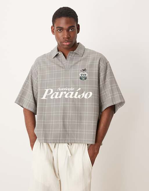 DESIGN boxy oversized overhead shirt in grey check