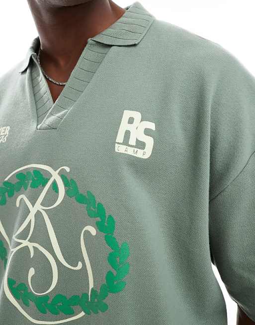 DESIGN Boxy Oversized Pique Polo With Front Print In Sage