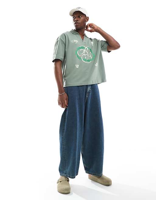 DESIGN Boxy Oversized Pique Polo With Front Print In Sage