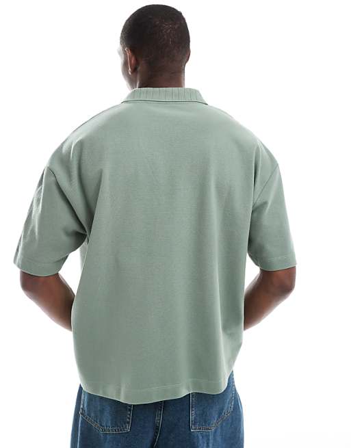 DESIGN Boxy Oversized Pique Polo With Front Print In Sage