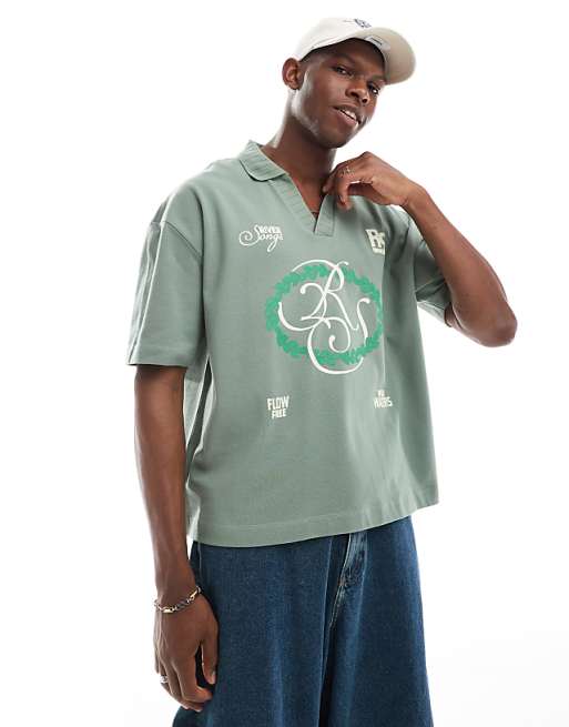 DESIGN boxy oversized pique polo with front print in sage