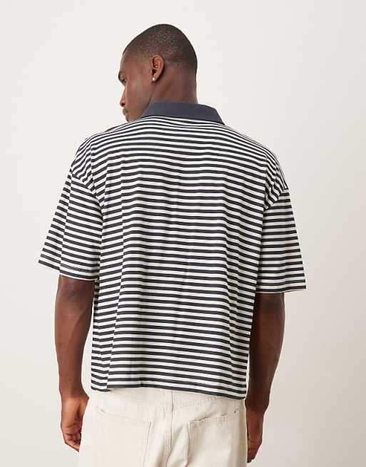 DESIGN Boxy Oversized Polo In Black And White Stripe