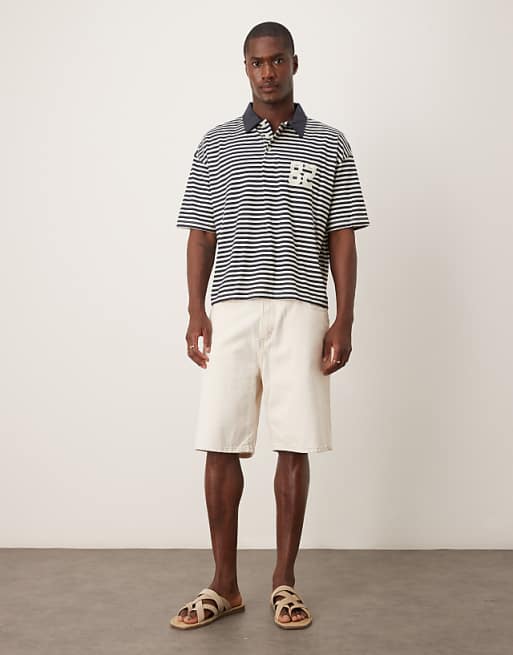 DESIGN Boxy Oversized Polo In Black And White Stripe