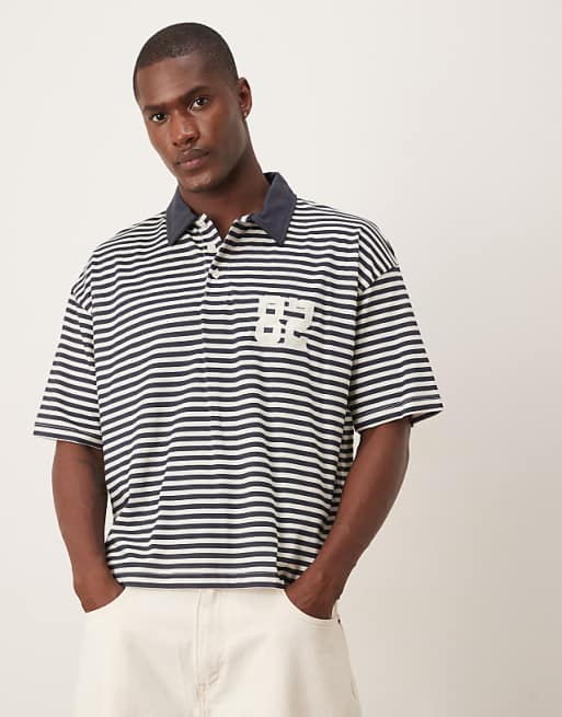 DESIGN boxy oversized polo in black and white stripe