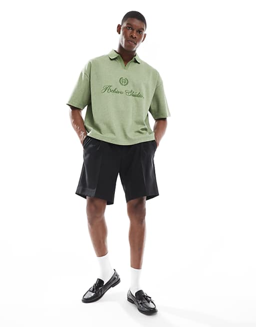 DESIGN Boxy Oversized Polo With Chest Embroidery In Green Chevron Fabric