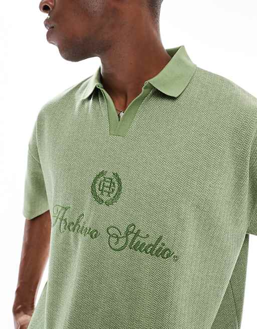 DESIGN Boxy Oversized Polo With Chest Embroidery In Green Chevron Fabric