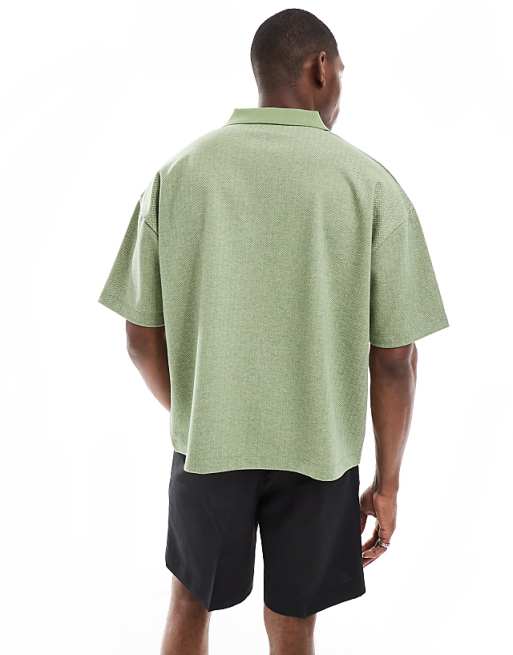 DESIGN Boxy Oversized Polo With Chest Embroidery In Green Chevron Fabric