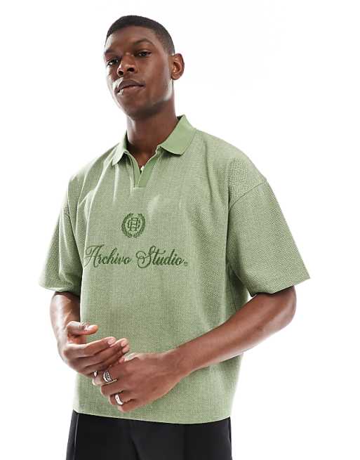 DESIGN boxy oversized polo with chest embroidery in green chevron fabric