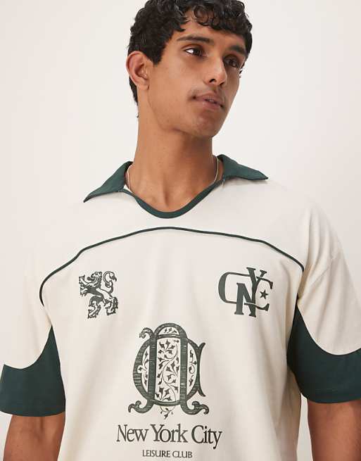 DESIGN Boxy Oversized Polo With Cut And Sew Panelling And City Graphics In Cream