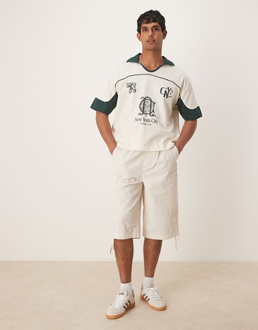 DESIGN Boxy Oversized Polo With Cut And Sew Panelling And City Graphics In Cream
