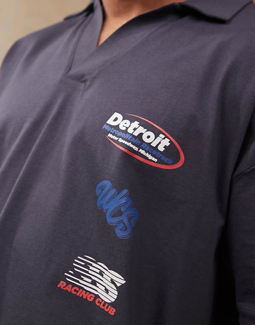 DESIGN Boxy Oversized Polo With Dropped Shoulder And Multiplacement Sport Print In Navy