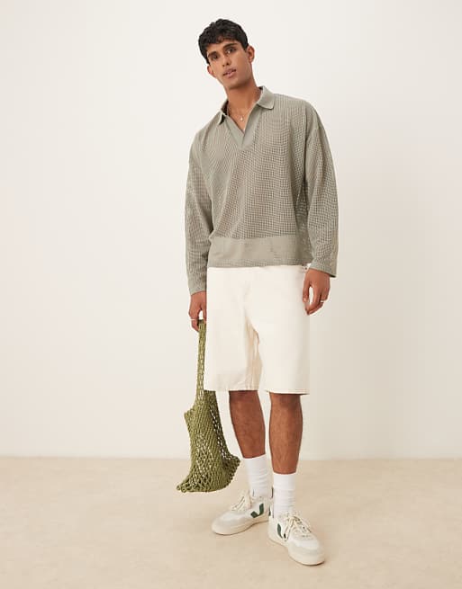 DESIGN Boxy Oversized Polo With Dropped Shoulder In Khaki Open Mesh