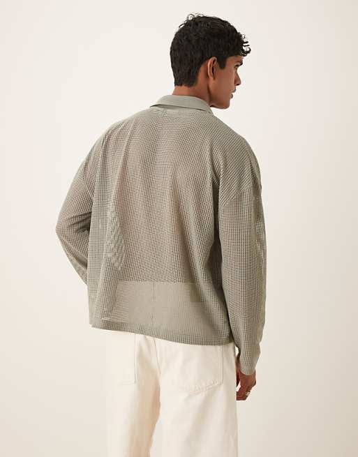 DESIGN Boxy Oversized Polo With Dropped Shoulder In Khaki Open Mesh