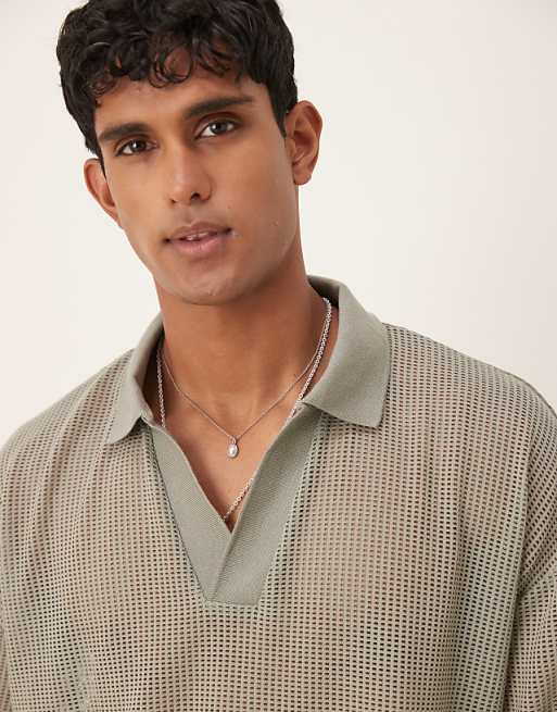 DESIGN Boxy Oversized Polo With Dropped Shoulder In Khaki Open Mesh