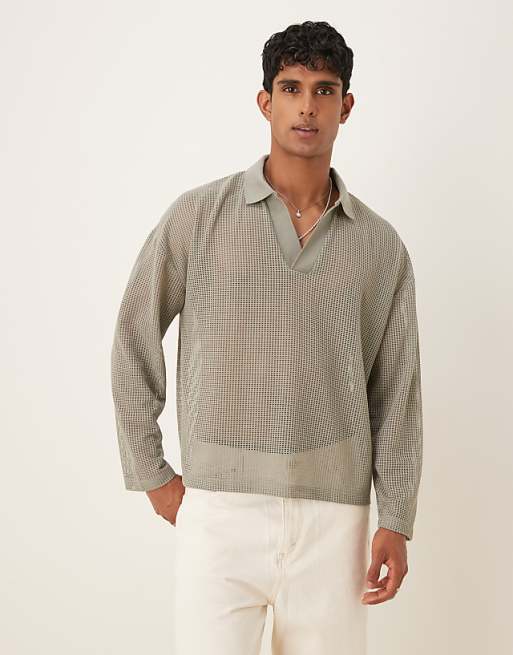 DESIGN boxy oversized polo with dropped shoulder in khaki open mesh
