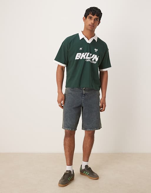 DESIGN Boxy Oversized Polo With Sport Graphic In Dark Green