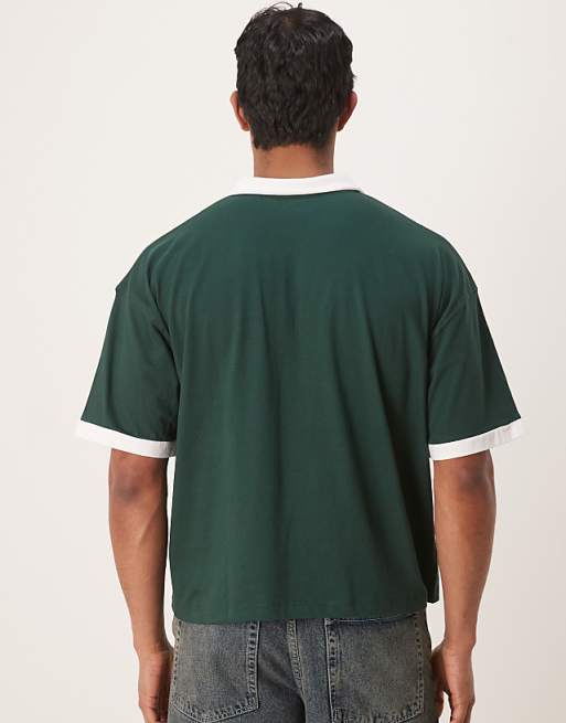 DESIGN Boxy Oversized Polo With Sport Graphic In Dark Green