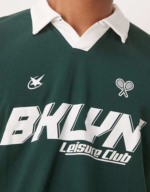 DESIGN Boxy Oversized Polo With Sport Graphic In Dark Green