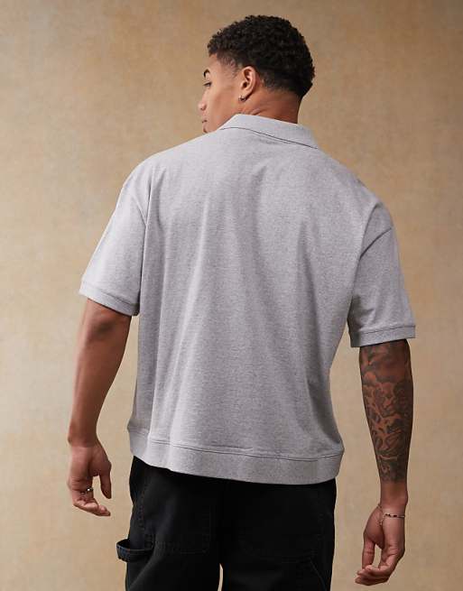 DESIGN Boxy Oversized Polo With Sports Graphics In Grey Marl