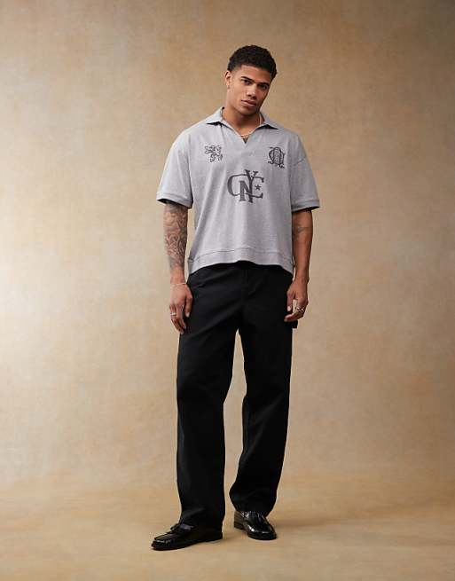 DESIGN Boxy Oversized Polo With Sports Graphics In Grey Marl
