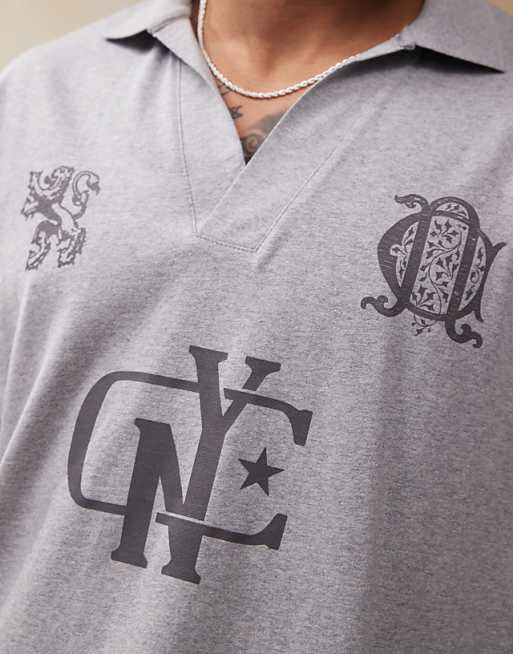 DESIGN Boxy Oversized Polo With Sports Graphics In Grey Marl