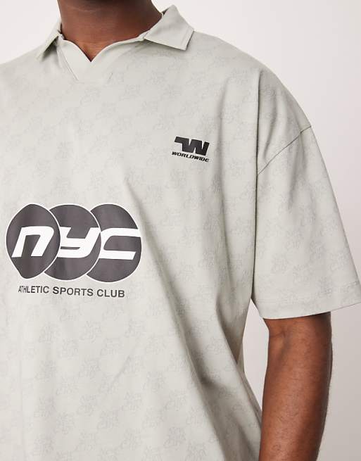 DESIGN Boxy Oversized Polo With Sports Graphic In Grey