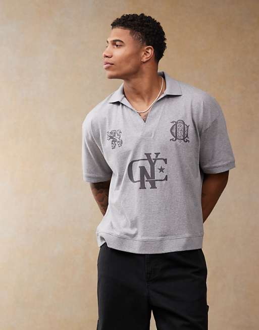 DESIGN boxy oversized polo with sports graphics in grey marl