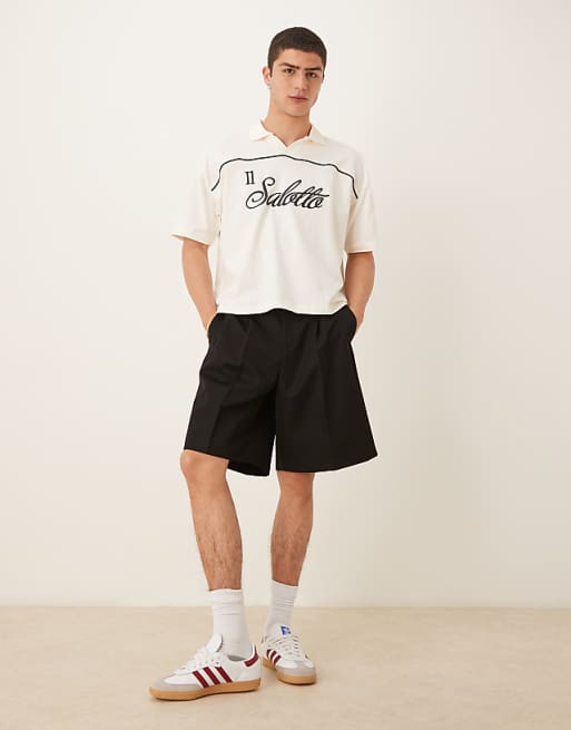 DESIGN Boxy Oversized Polo With Text Graphic In Cream