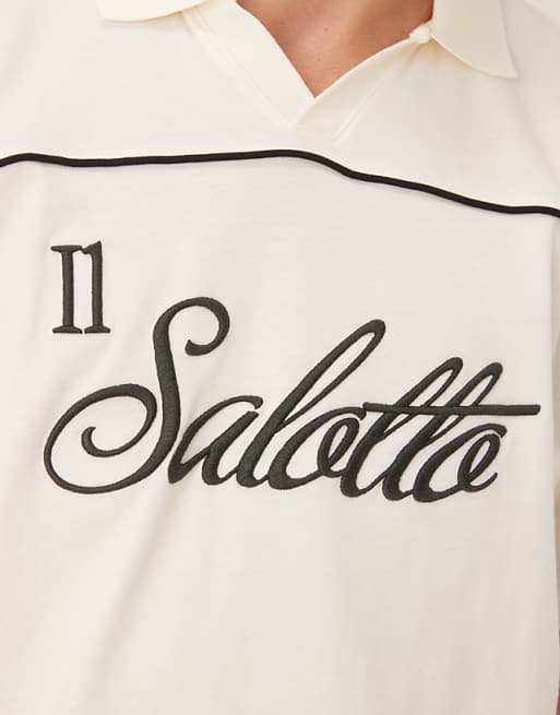 DESIGN Boxy Oversized Polo With Text Graphic In Cream