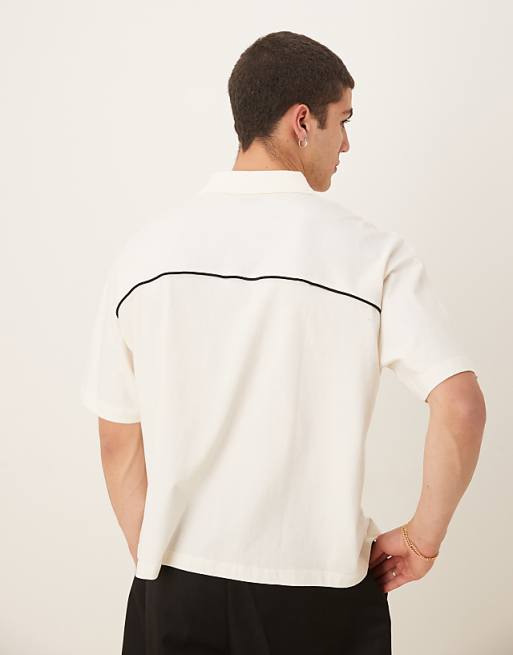 DESIGN Boxy Oversized Polo With Text Graphic In Cream