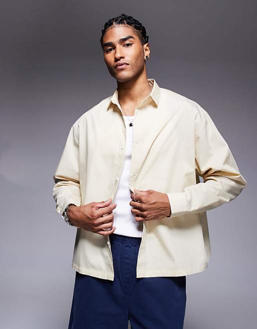 DESIGN boxy oversized poplin shirt in beige