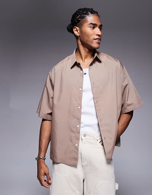 DESIGN boxy oversized poplin shirt in brown