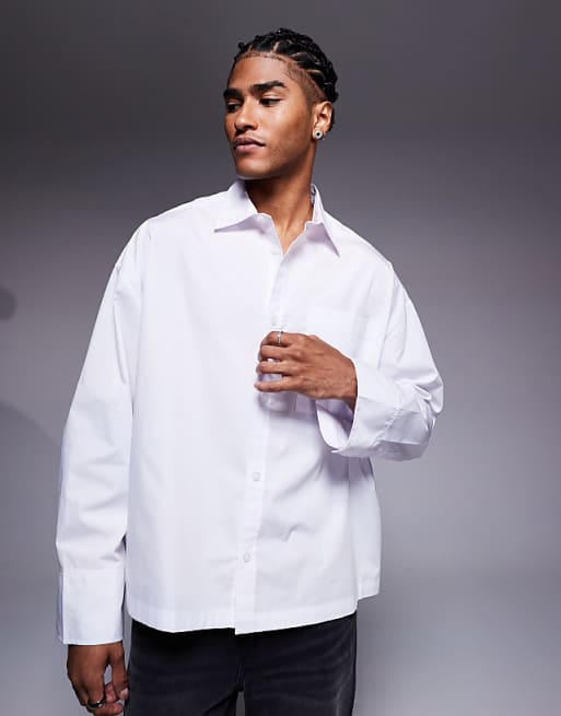 DESIGN Boxy Oversized Poplin Shirt With Badge Detail In White