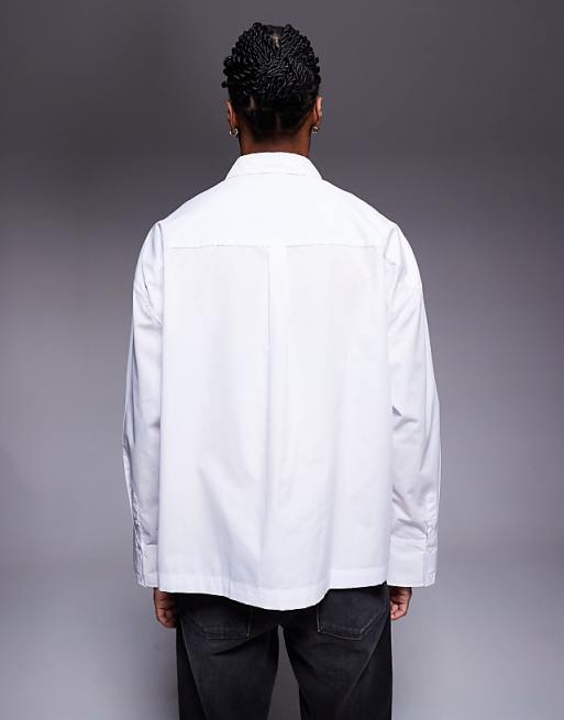 DESIGN Boxy Oversized Poplin Shirt With Badge Detail In White