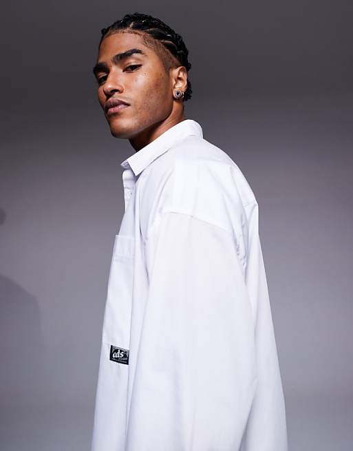DESIGN Boxy Oversized Poplin Shirt With Badge Detail In White