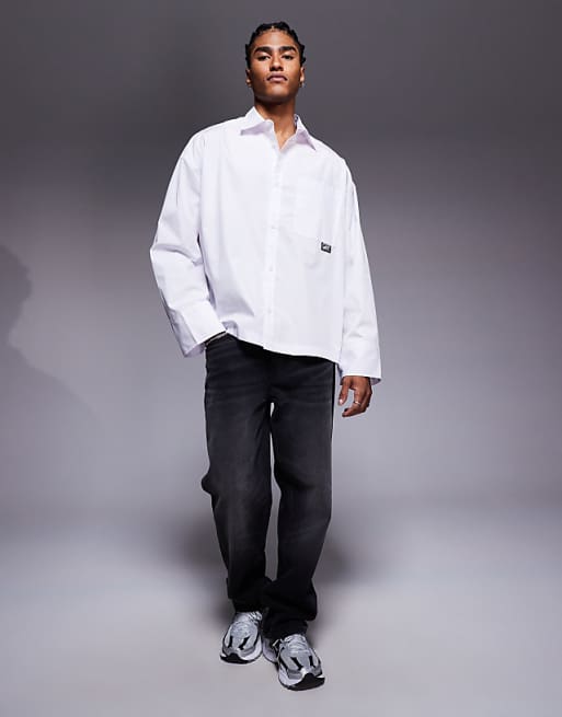 DESIGN boxy oversized poplin shirt with badge detail in white