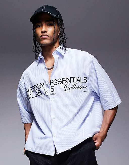 DESIGN boxy oversized poplin shirt with graphic in navy