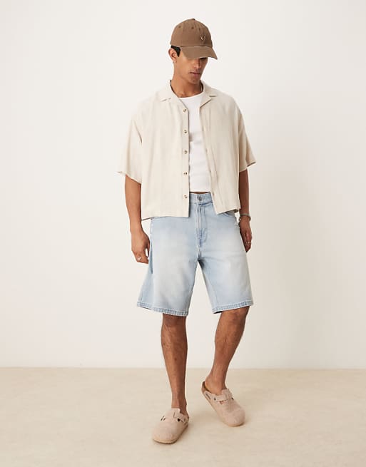 DESIGN Boxy Oversized Revere Linen Blend Shirt In Stone