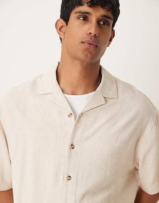 DESIGN Boxy Oversized Revere Linen Blend Shirt In Stone