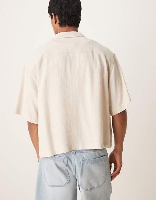 DESIGN Boxy Oversized Revere Linen Blend Shirt In Stone