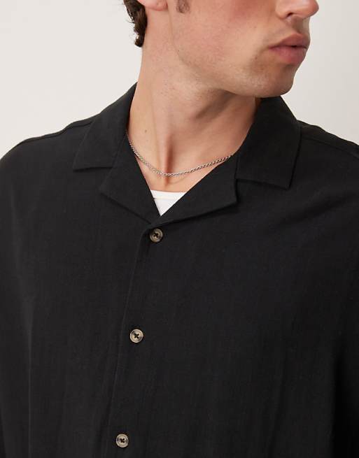 DESIGN Boxy Oversized Revere Linen Blend Shirt In Black