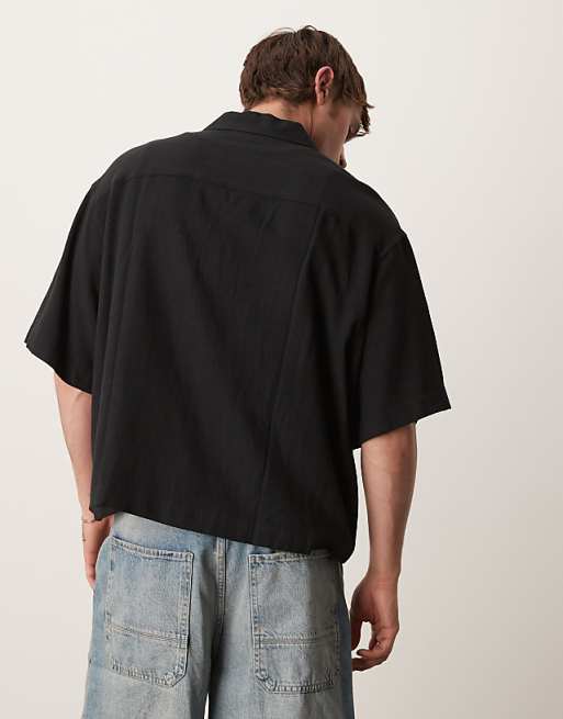 DESIGN Boxy Oversized Revere Linen Blend Shirt In Black