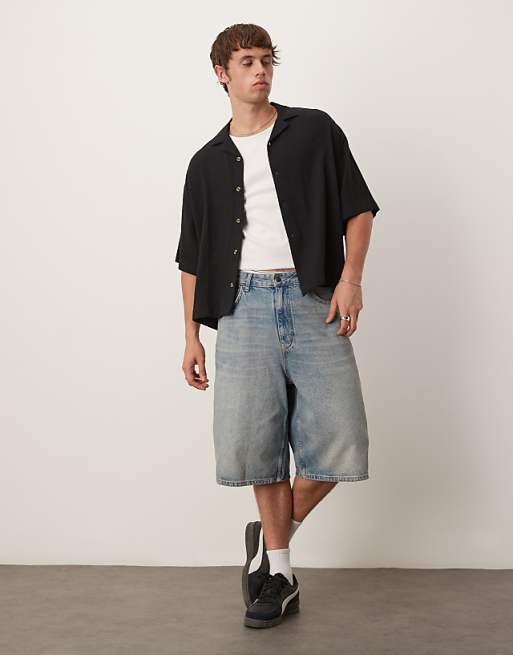 DESIGN Boxy Oversized Revere Linen Blend Shirt In Black