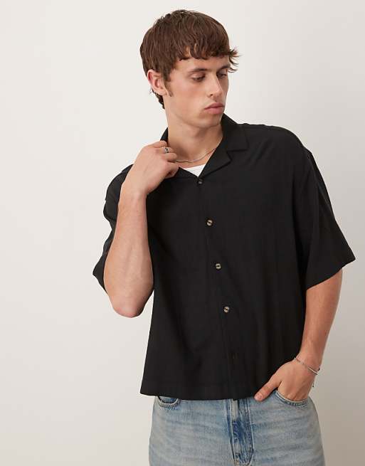 DESIGN boxy oversized revere linen blend shirt in black