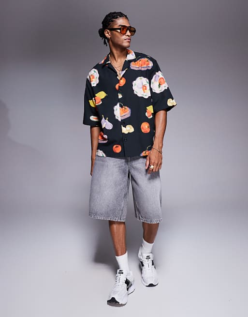 DESIGN Boxy Oversized Revere Printed Shirt In Black